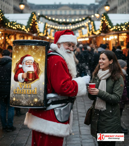 Sac à boisson vin chaud porté par un distributeur ambulant au marché de Noël de Séville sur la Plaza Nueva, chalets en bois décorés, atmosphère andalouse hivernale et service fluide parmi les visiteurs.