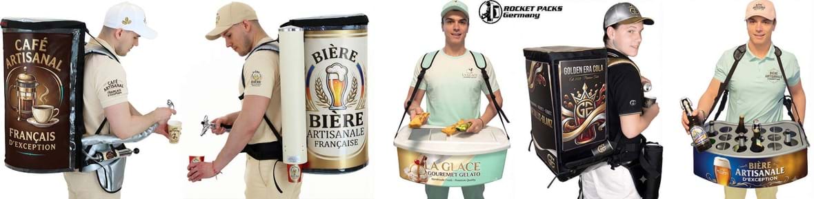 Sac à dos distributeurs professionnels Rocket Packs pour café, bière, boissons, glaces et vente mobile lors d'événements, salons et opérations promotionnelles.